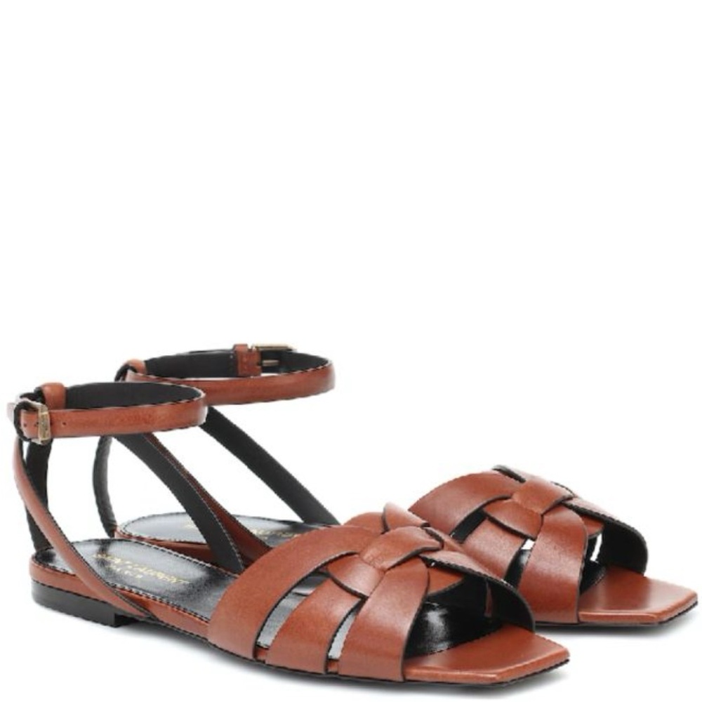 Saint Laurent Tribute Nu Pieds Slides Flats Sandals 36 Cognac brown strappy